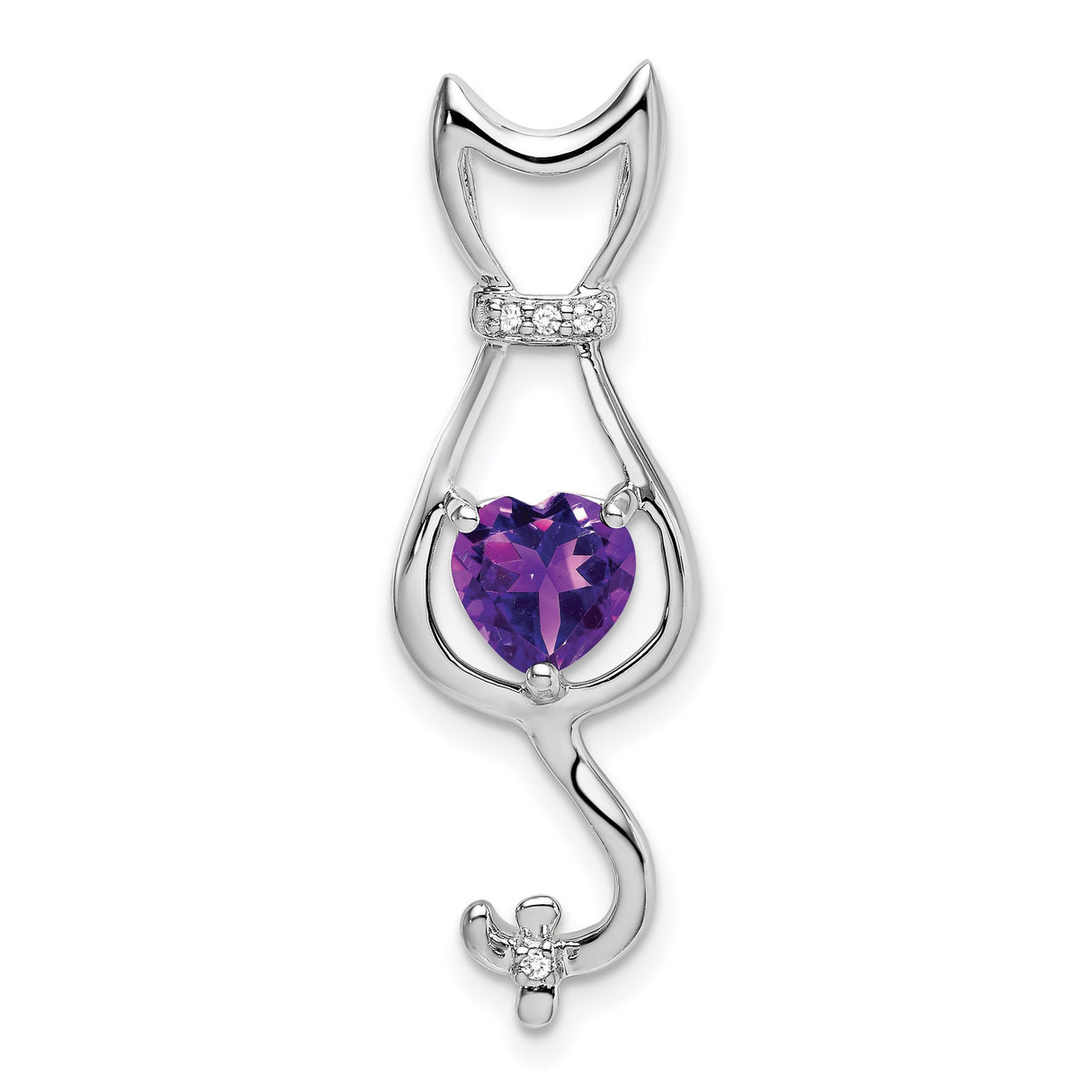 10k White Gold Cat Pendant with Heart-Shaped Amethyst and Diamond Accents