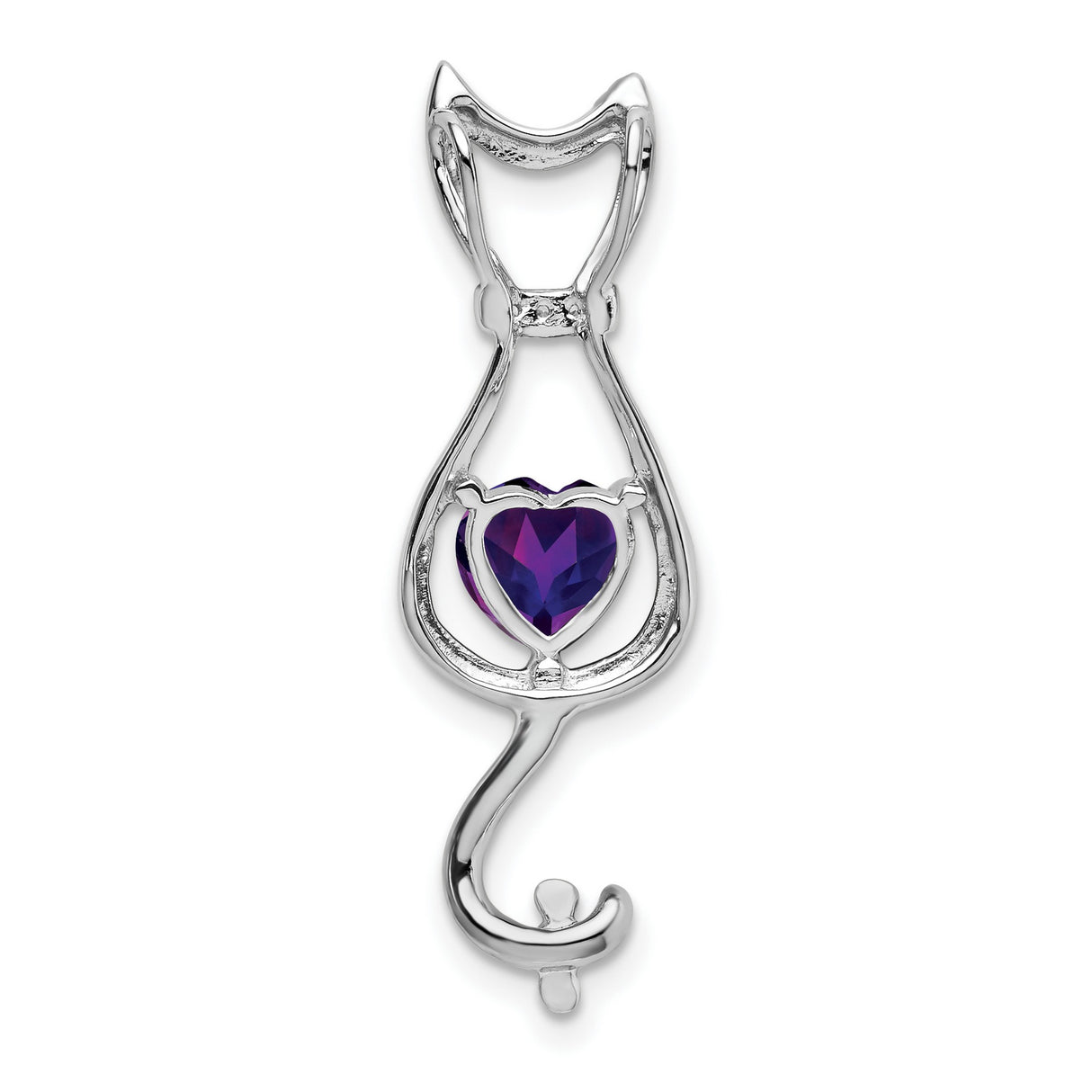 14k White Gold Cat Pendant with Heart Shaped Amethyst and Diamond Accents