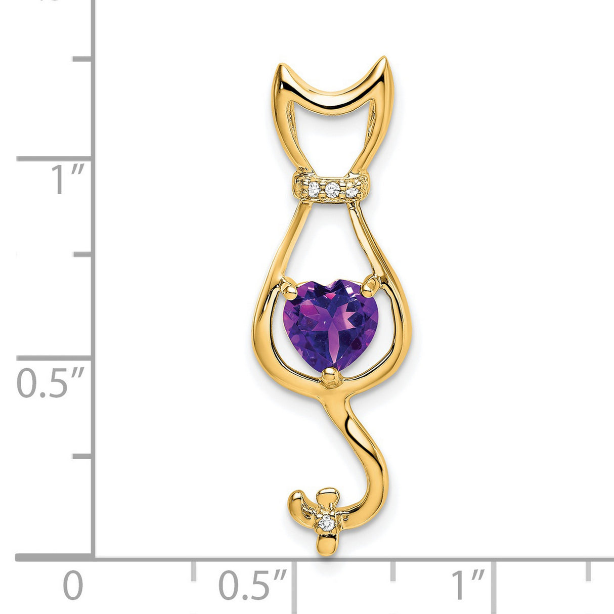 14k Yellow Gold Cat Pendant with Heart Cut Amethyst and Diamond Accents