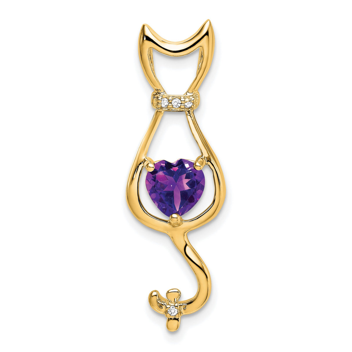 14k Yellow Gold Cat Pendant with Heart Cut Amethyst and Diamond Accents