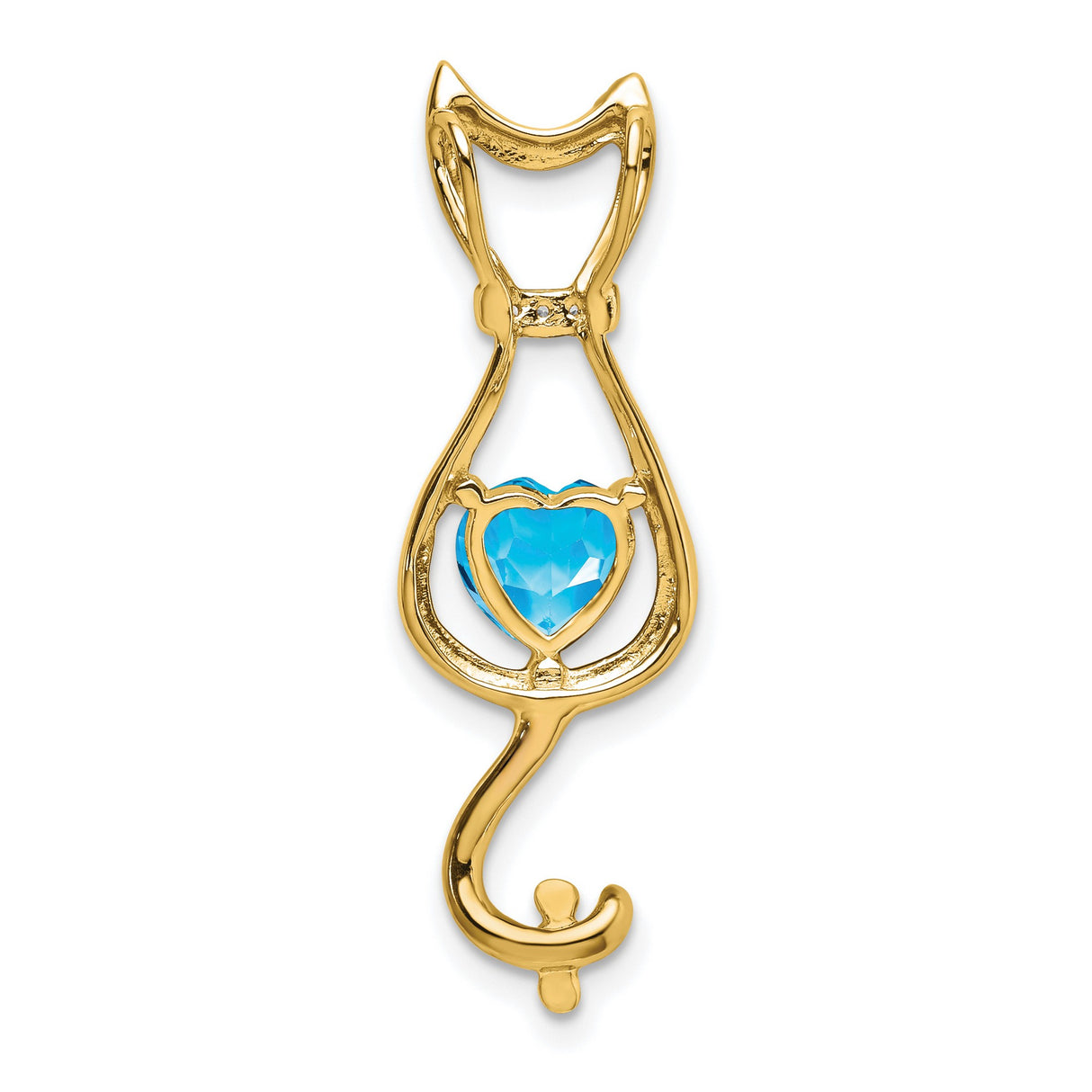 10k Yellow Gold Cat Pendant with Heart Shaped Swiss Blue Topaz and Diamond Accents