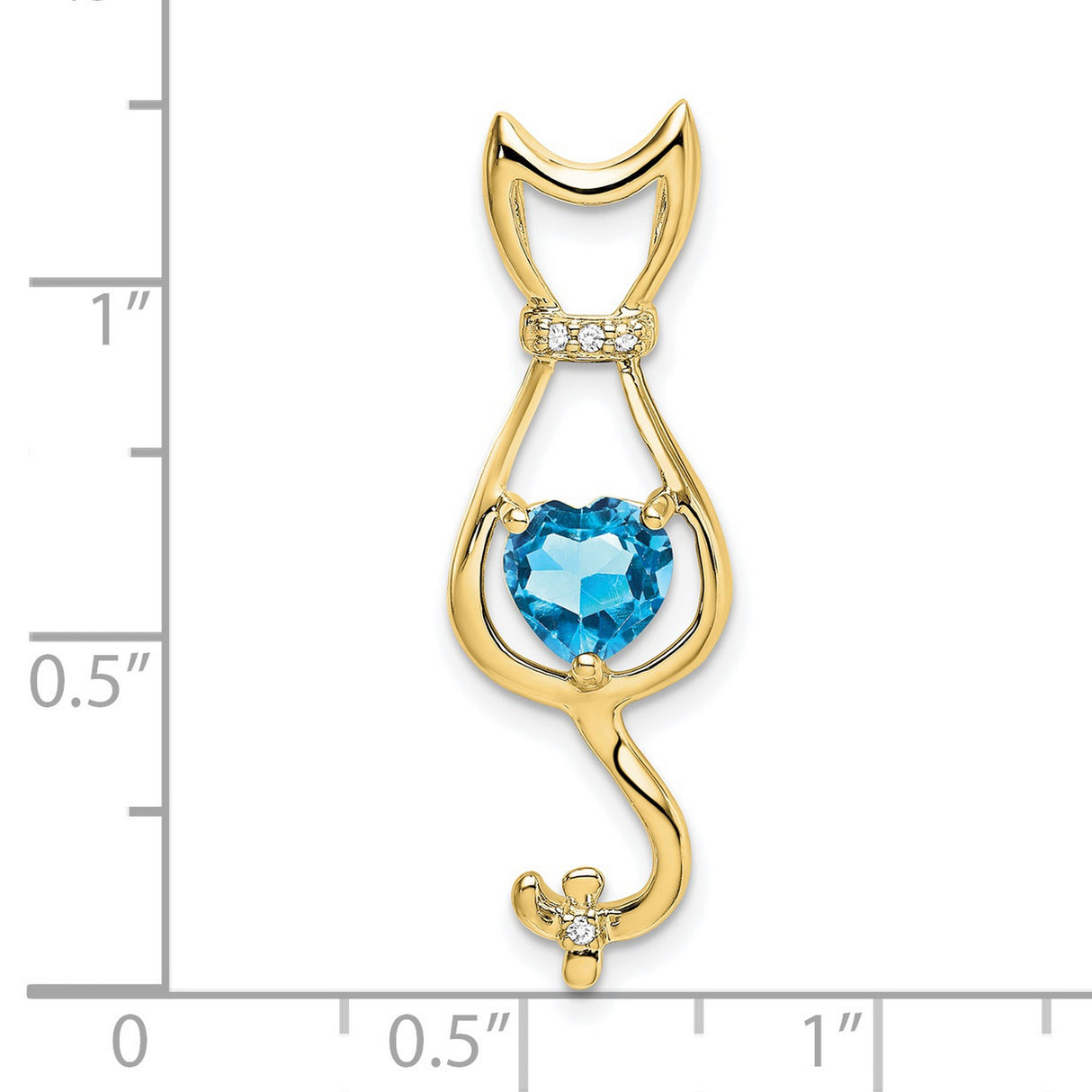 10k Yellow Gold Cat Pendant with Heart Shaped Swiss Blue Topaz and Diamond Accents