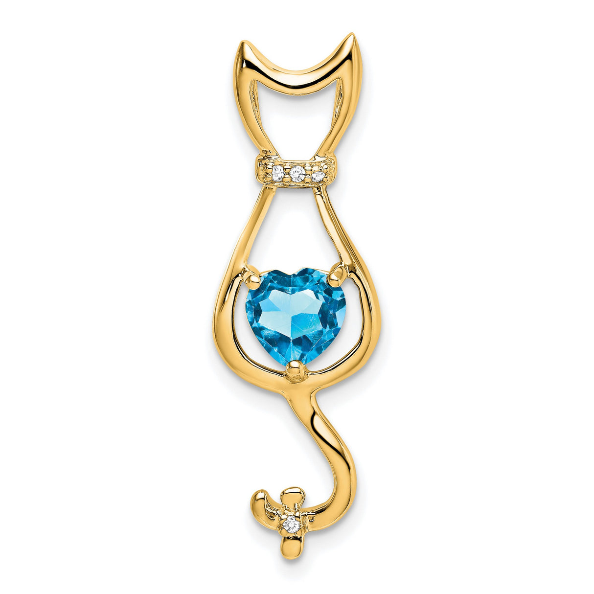 10k Yellow Gold Cat Pendant with Heart Shaped Swiss Blue Topaz and Diamond Accents