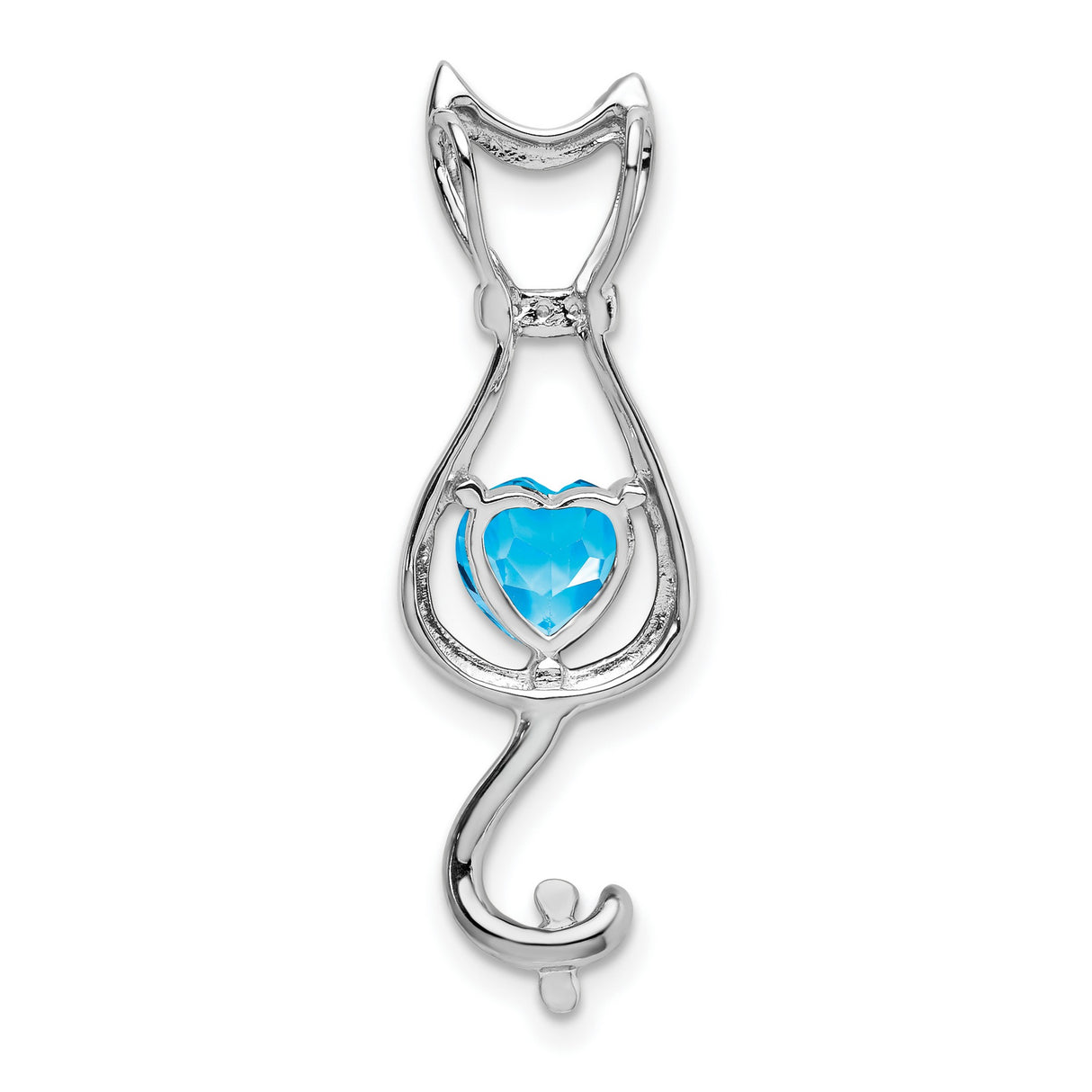 14k White Gold Cat Pendant with Swiss Blue Topaz Heart and Diamond Accents