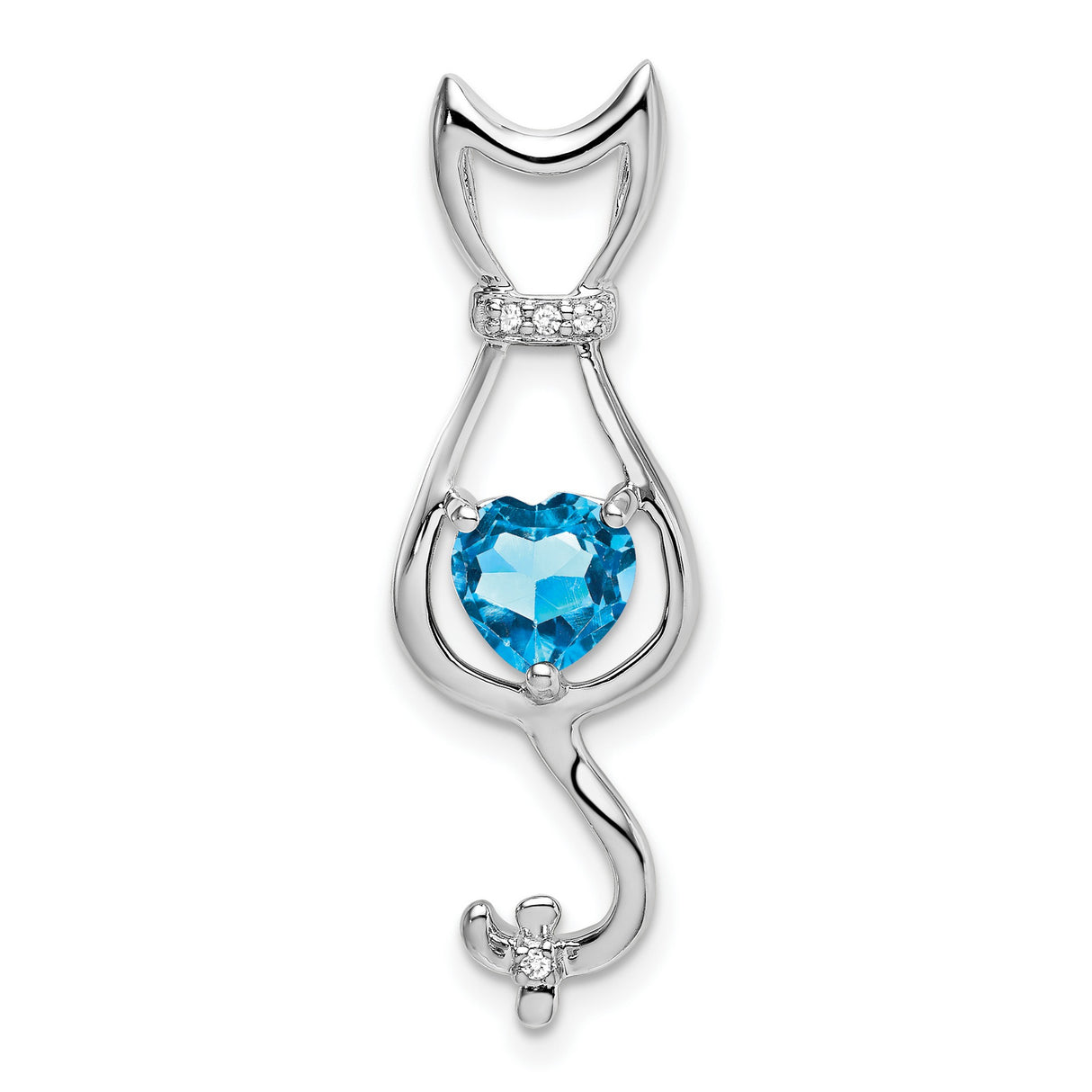 14k White Gold Cat Pendant with Swiss Blue Topaz Heart and Diamond Accents