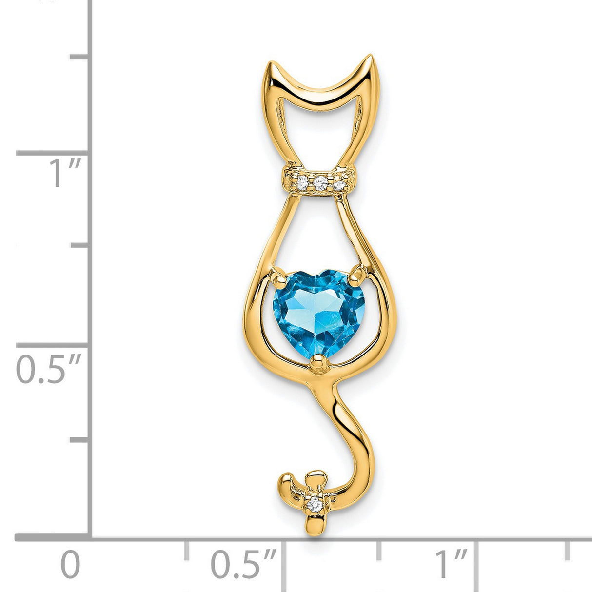 14k Yellow Gold Cat Pendant with Heart Shaped Swiss Blue Topaz and Diamond Accent