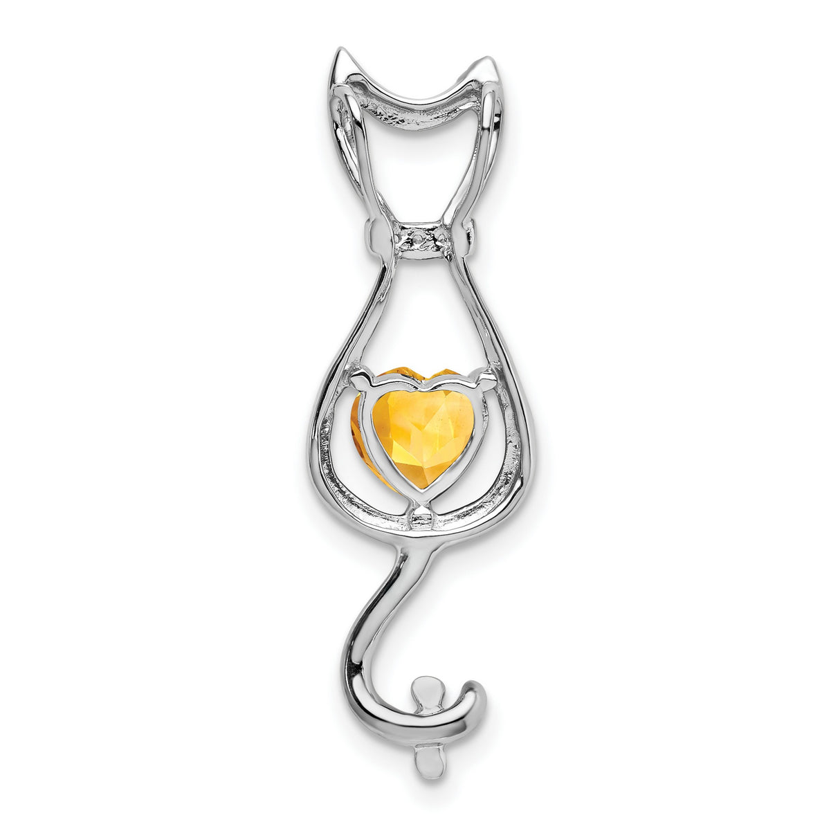 14k White Gold Cat Pendant with Heart Cut Citrine and Diamond Accents
