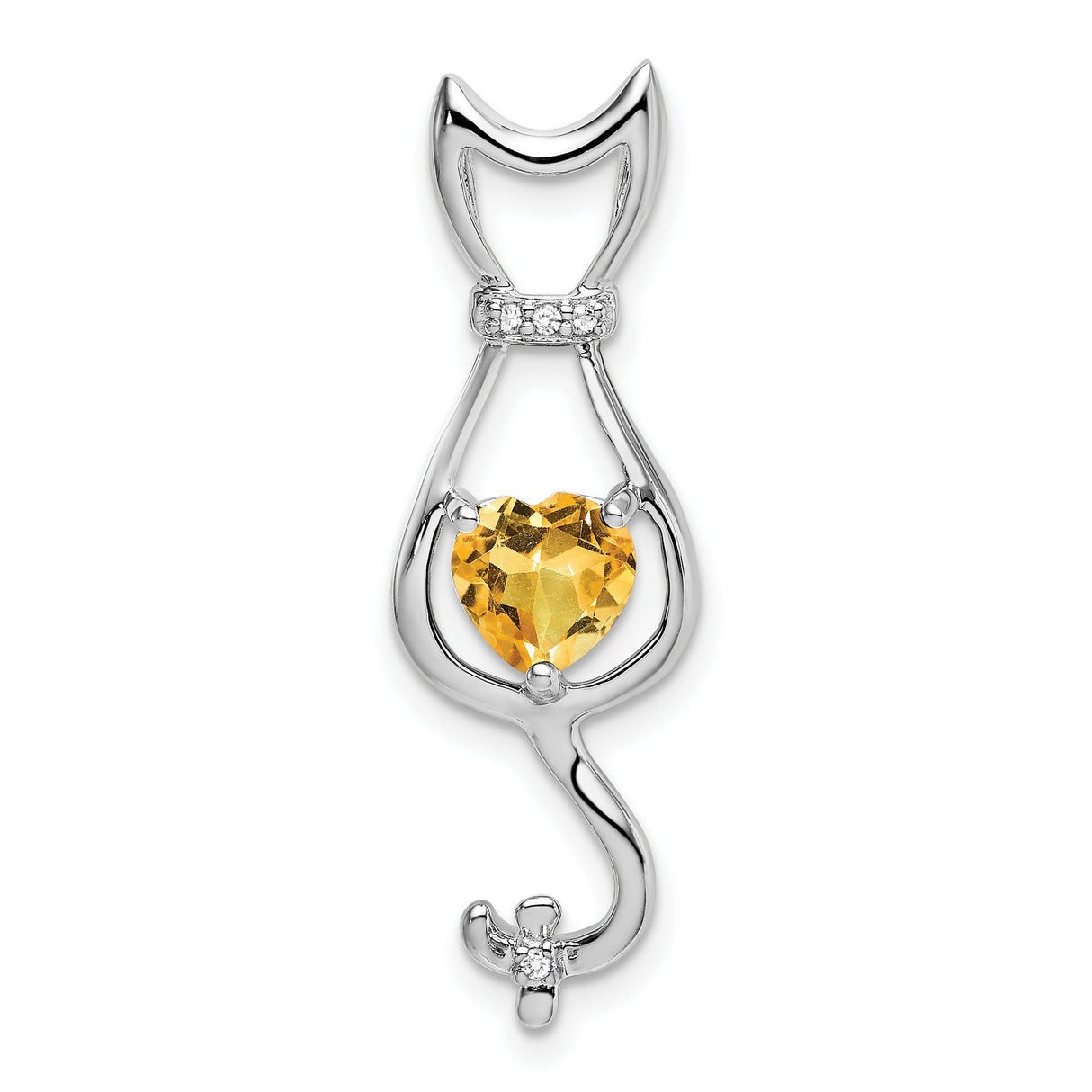 14k White Gold Cat Pendant with Heart Cut Citrine and Diamond Accents