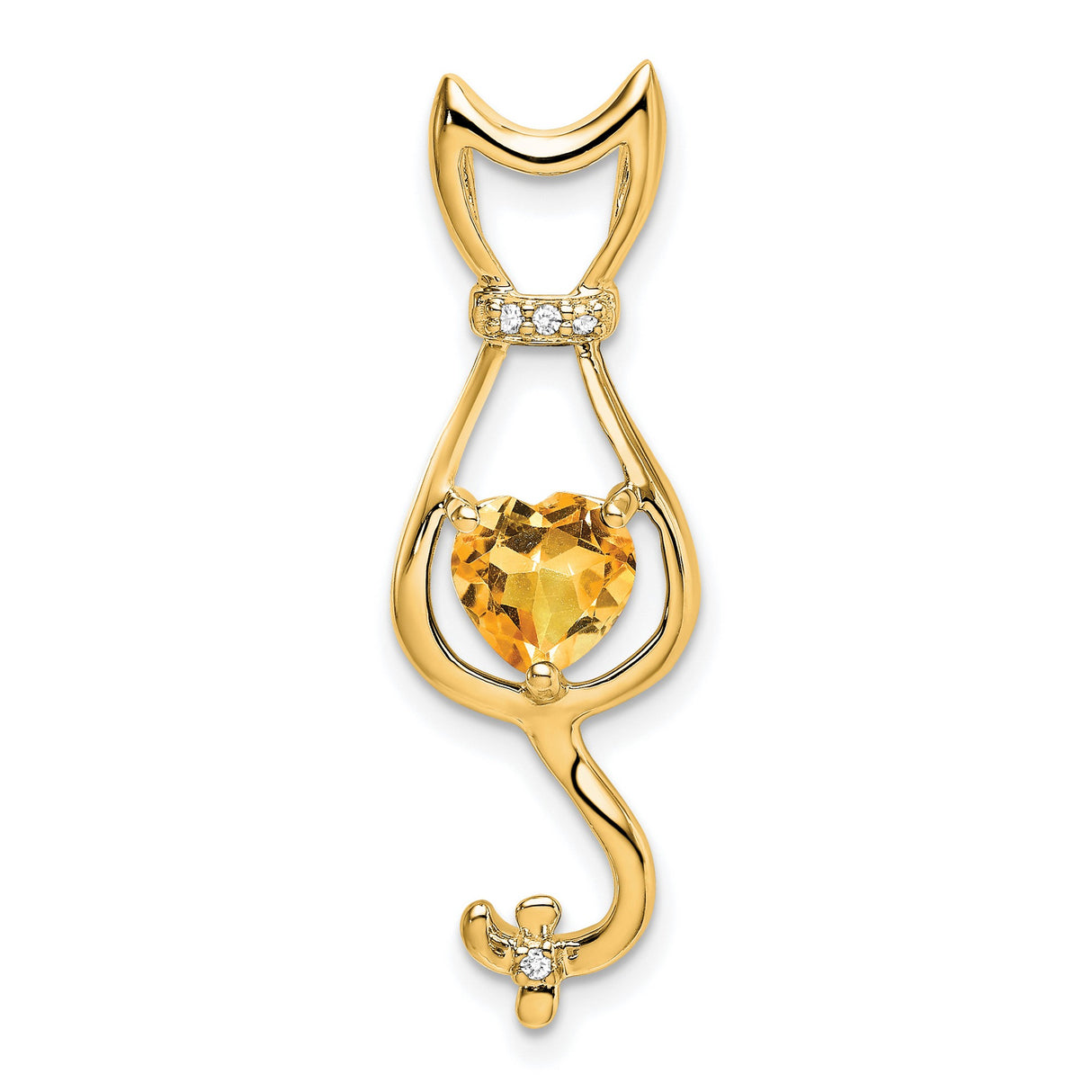 14k Yellow Gold Cat Pendant with Heart Shaped Citrine and Diamond Accents