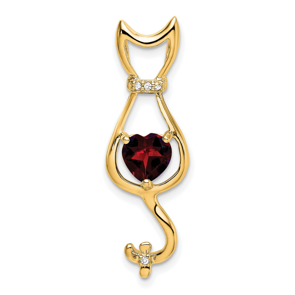 10k Yellow Gold Cat Pendant with Heart Shaped Garnet and Diamond Accents for Women