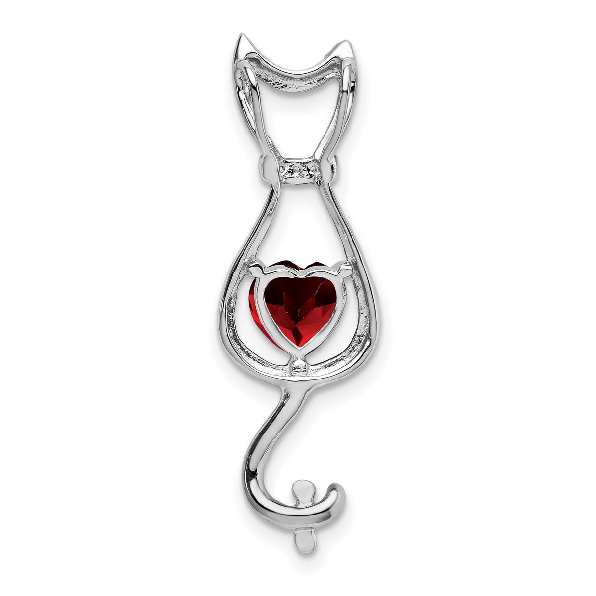 14k White Gold Cat Pendant with Garnet Heart and Diamond Accents for Women