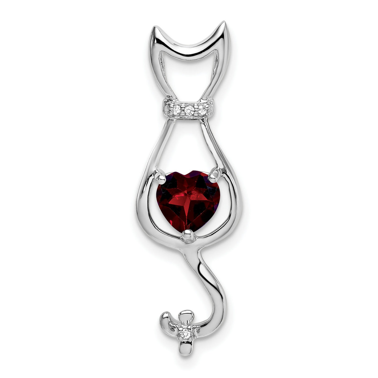 14k White Gold Cat Pendant with Garnet Heart and Diamond Accents for Women