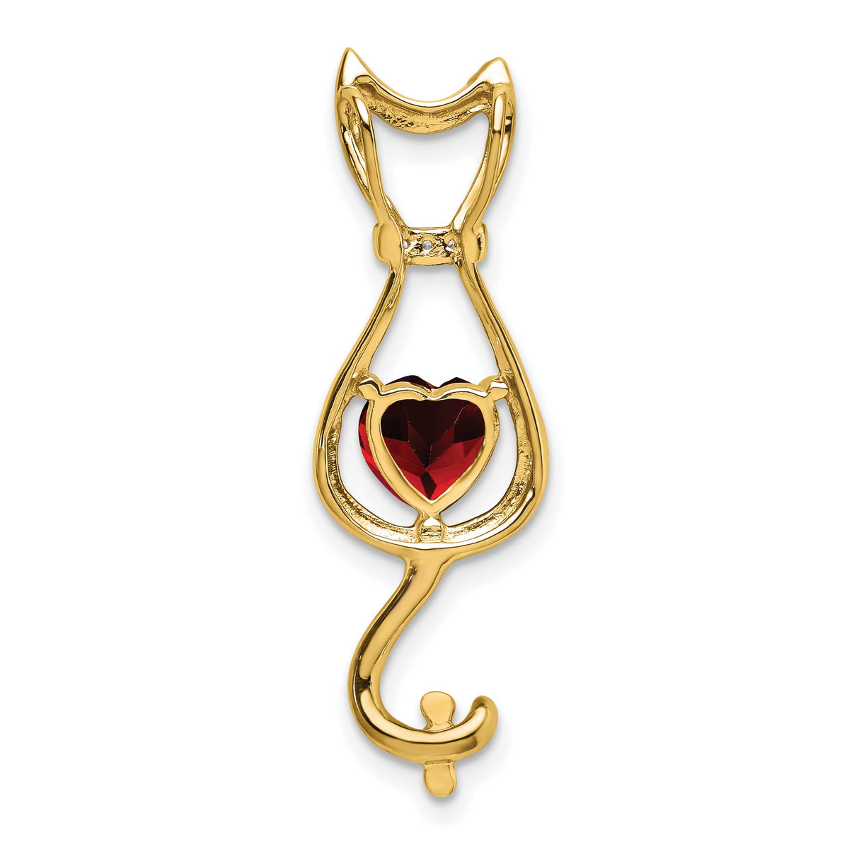 14k Yellow Gold Cat Pendant with Heart Shaped Garnet and Diamond Accents for Women