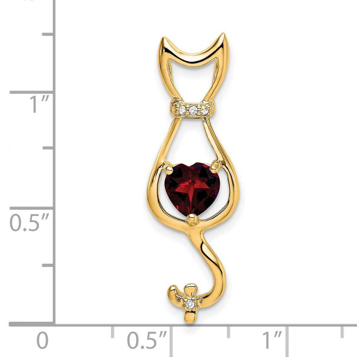 14k Yellow Gold Cat Pendant with Heart Shaped Garnet and Diamond Accents for Women