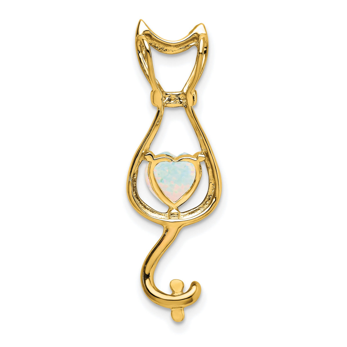 14k Yellow Gold Cat Pendant with Heart-Shaped Lab Created Opal and Diamond Accents