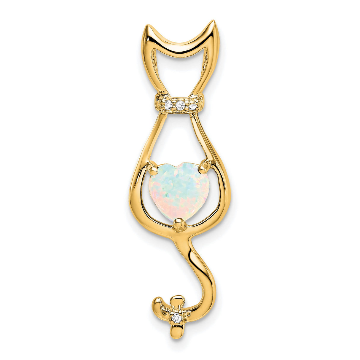 14k Yellow Gold Cat Pendant with Heart-Shaped Lab Created Opal and Diamond Accents