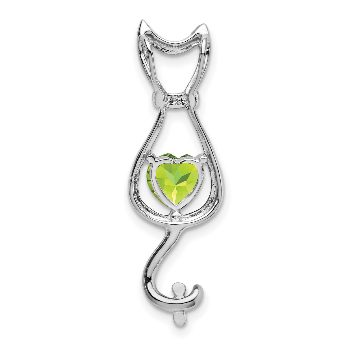 Peridot and Diamond Cat Charm Pendant in Real 14k White Gold