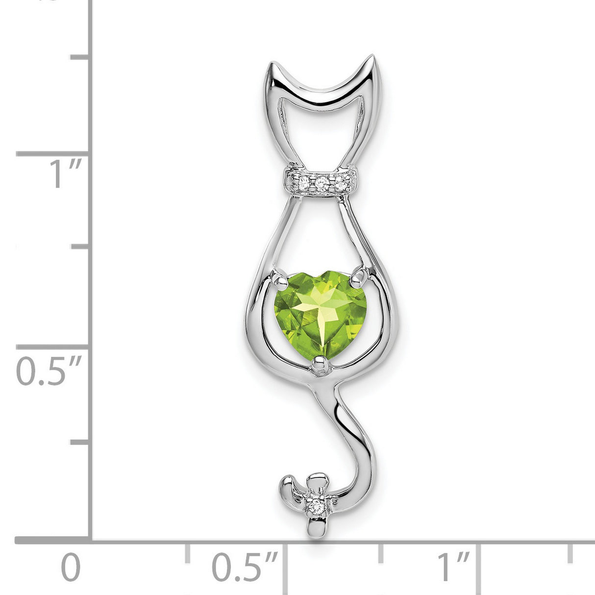Peridot and Diamond Cat Charm Pendant in Real 14k White Gold