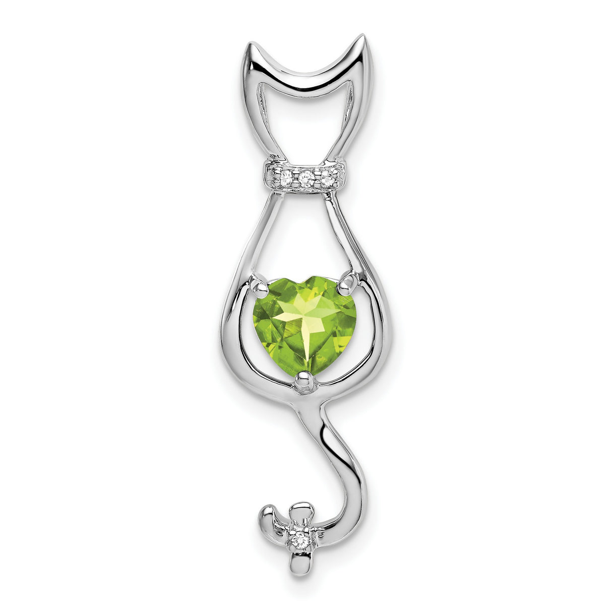 Peridot and Diamond Cat Charm Pendant in Real 14k White Gold