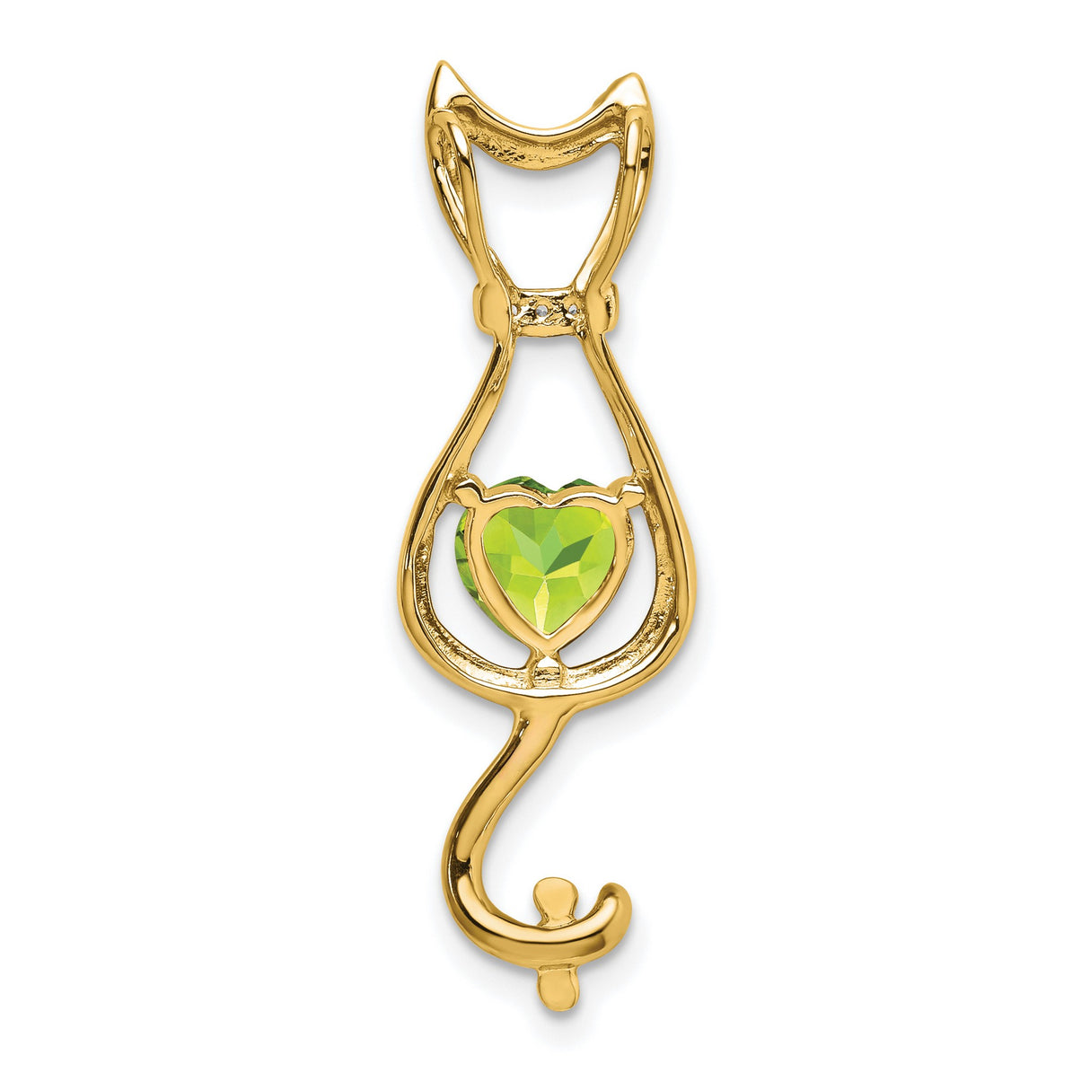 14k Yellow Gold Cat Pendant with Heart Cut Peridot and Diamond Accents