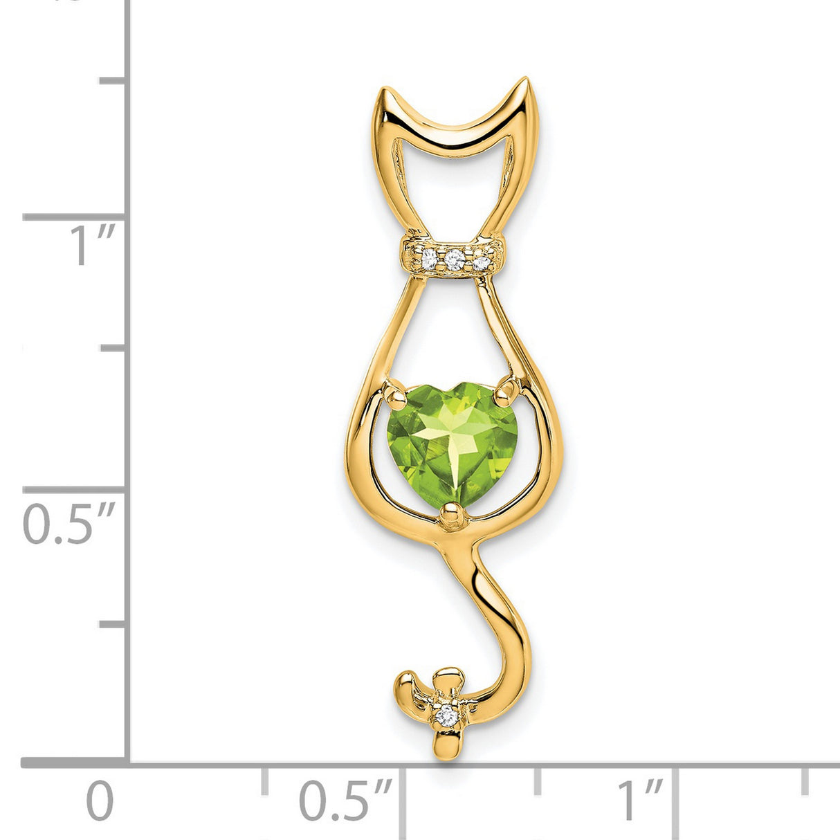 14k Yellow Gold Cat Pendant with Heart Cut Peridot and Diamond Accents