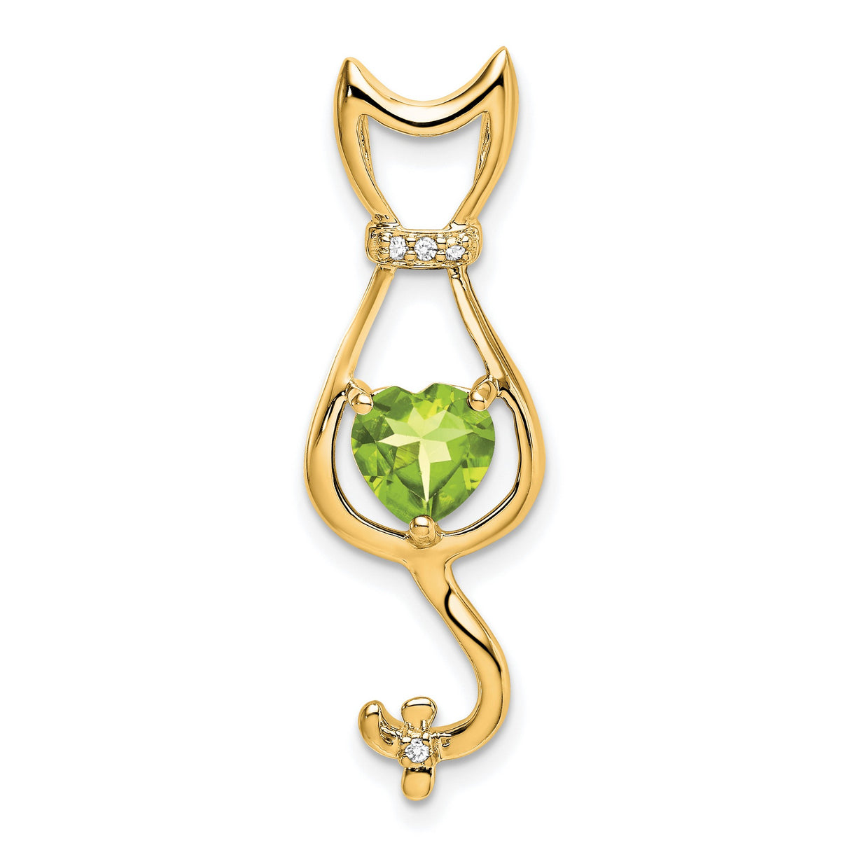 14k Yellow Gold Cat Pendant with Heart Cut Peridot and Diamond Accents