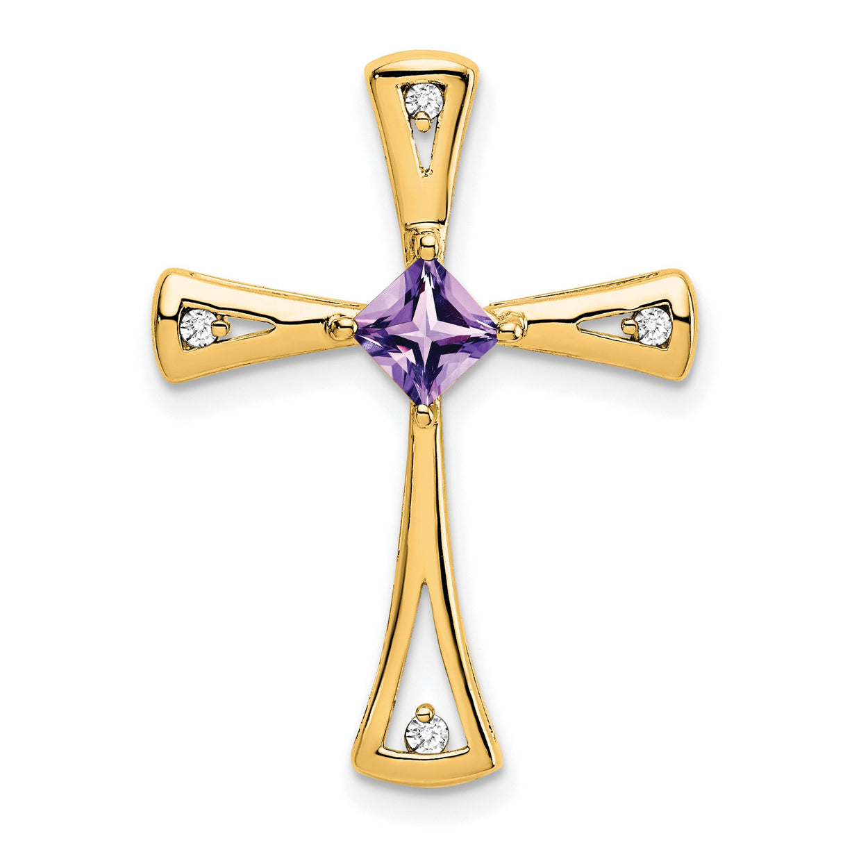 14k Yellow Gold Cross Pendant with Amethyst and Diamond, Teardrop Accent, Spiritual Style