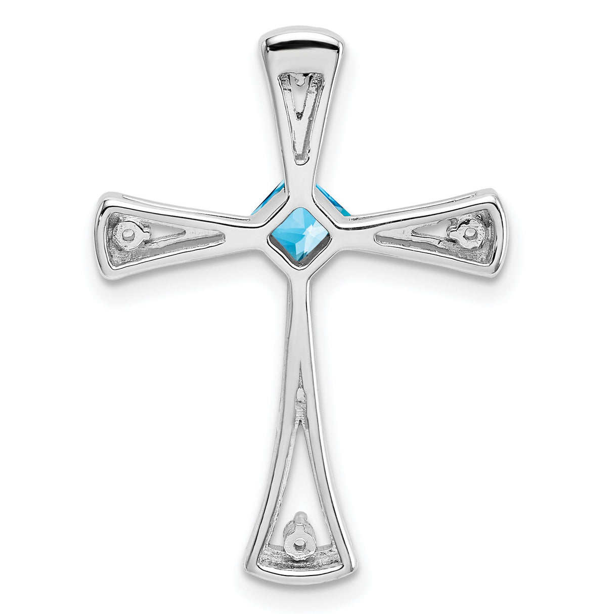 14k White Gold Cross Pendant with Swiss Blue Topaz and Diamond, Flared Arms, Modern Design