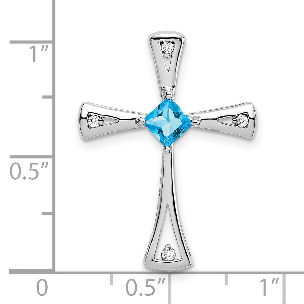 14k White Gold Cross Pendant with Swiss Blue Topaz and Diamond, Flared Arms, Modern Design