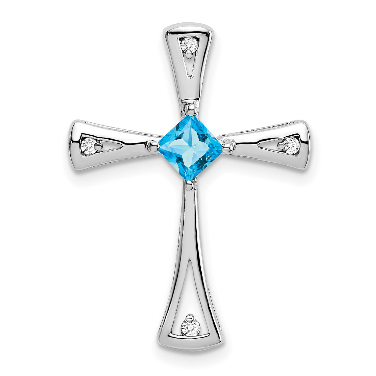 14k White Gold Cross Pendant with Swiss Blue Topaz and Diamond, Flared Arms, Modern Design