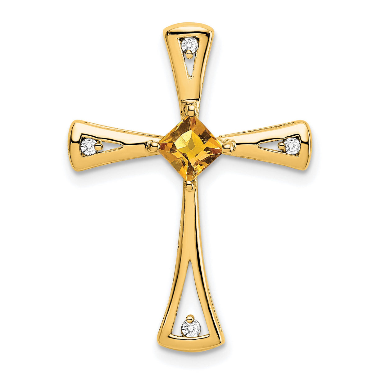 14k Yellow Gold Cross Pendant with Citrine and Diamond Accent, Modern Teardrop Design