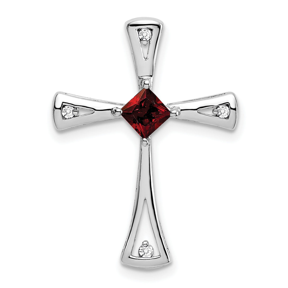 10k White Gold Cross Pendant with Garnet and Diamond Accents, Modern Spiritual Design