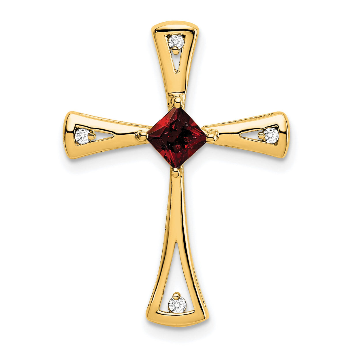14k Yellow Gold Cross Pendant with Garnet and Diamond Accent, Openwork Polished Design
