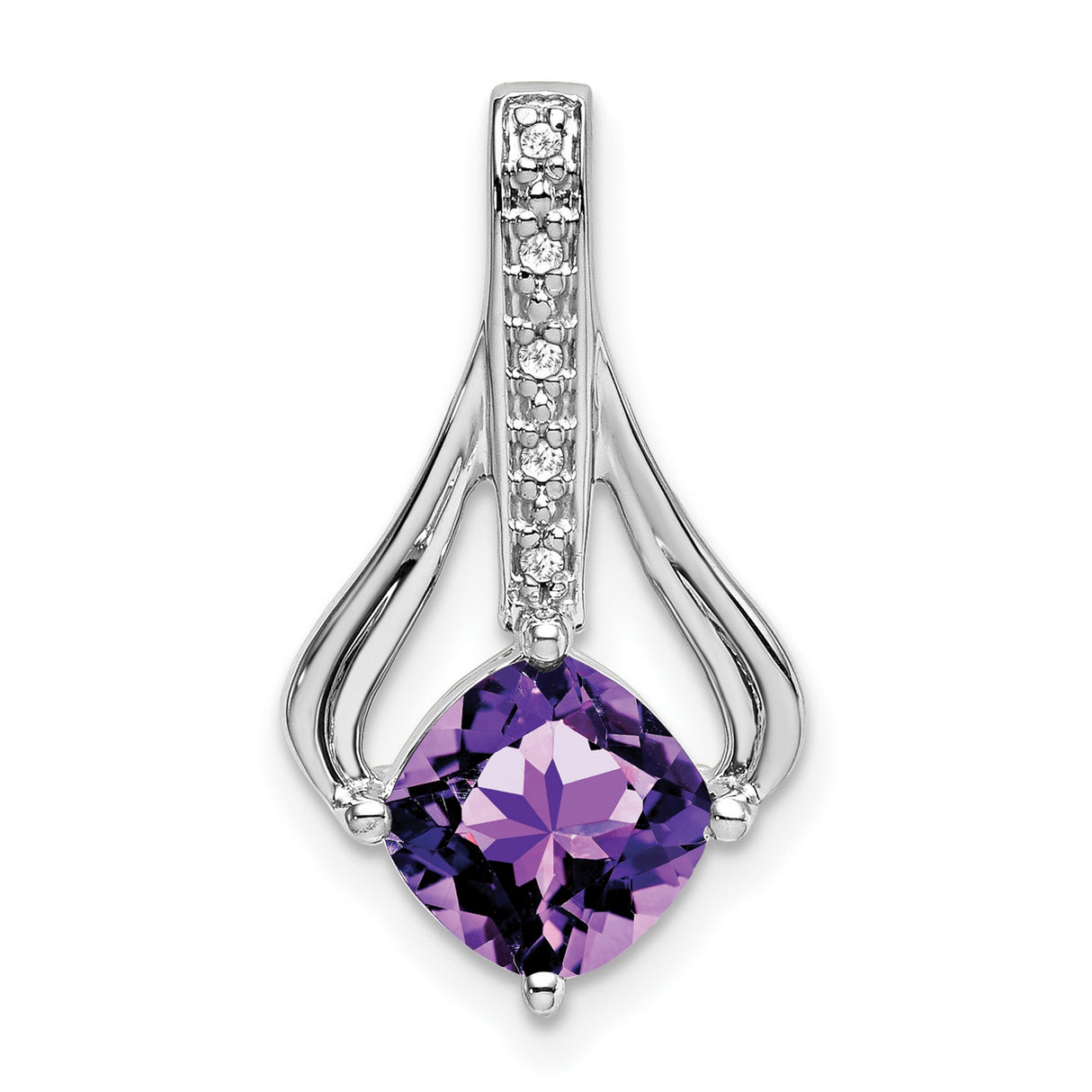 14k White Gold Amethyst Pendant with Diamond Accents, Cushion Cut, Flowing Design
