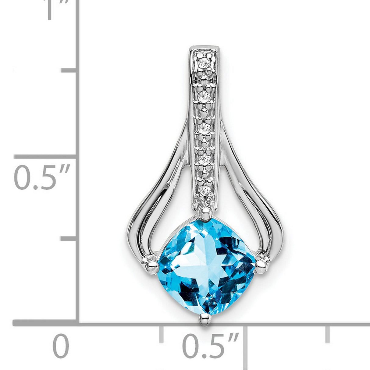 14k White Gold Blue Topaz Pendant with Diamond Accents, Cushion Cut, Flowing Design