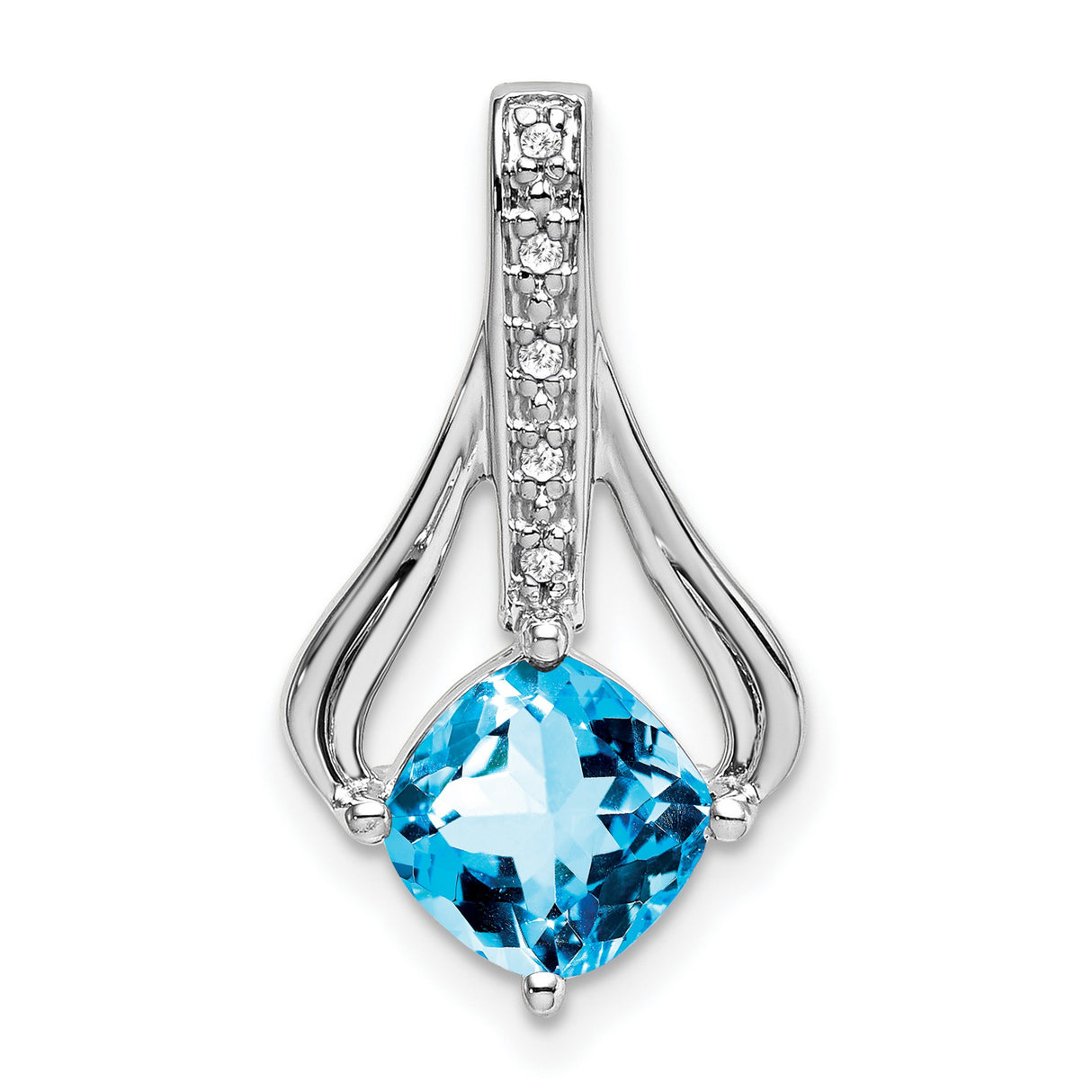 14k White Gold Blue Topaz Pendant with Diamond Accents, Cushion Cut, Flowing Design