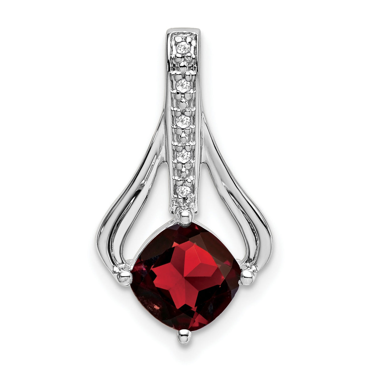 14k White Gold Pendant with Cushion Cut Garnet and Diamond Accents, Flowing Design for Women