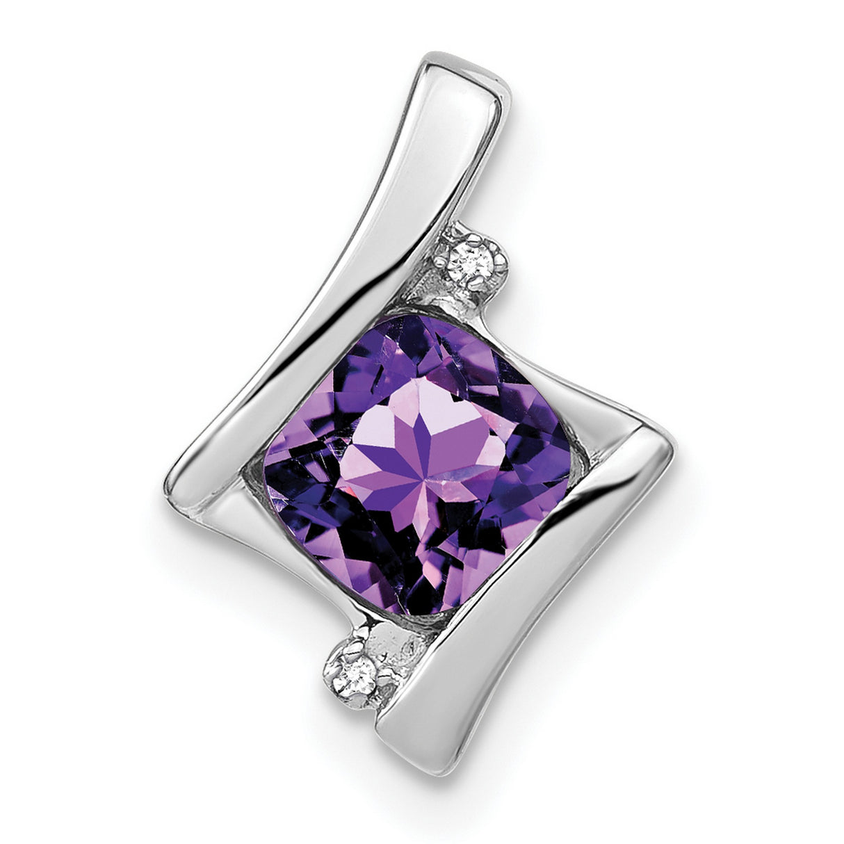 10k White Gold Pendant with Cushion Cut Amethyst and Diamond Accents, Geometric Design