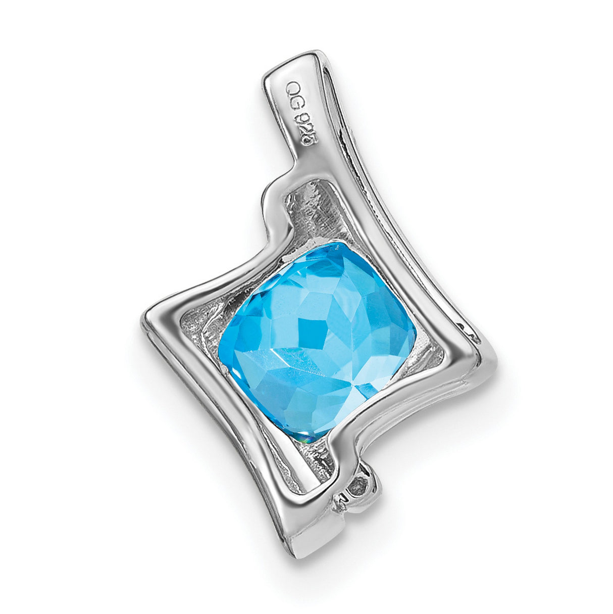 14k White Gold Pendant with Cushion Cut Swiss Blue Topaz and Diamond Accents, Modern Abstract Design