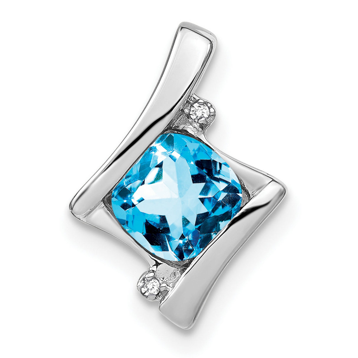 14k White Gold Pendant with Cushion Cut Swiss Blue Topaz and Diamond Accents, Modern Abstract Design