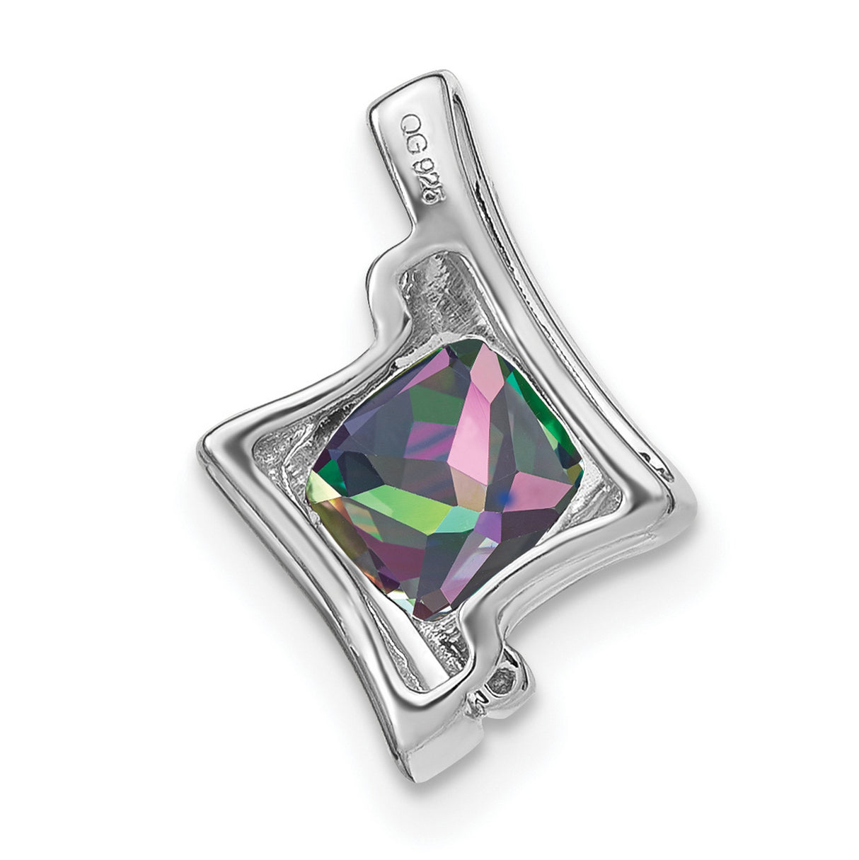 14k White Gold Pendant with Cushion Cut Mystic Fire Topaz, Diamond Accents, Abstract Design