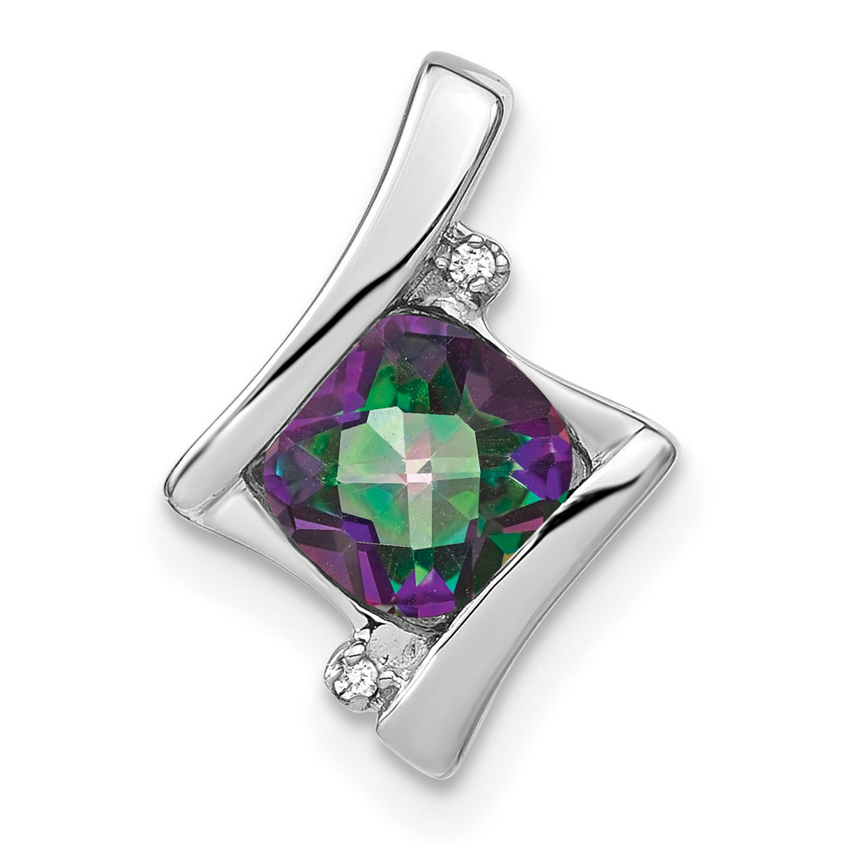14k White Gold Pendant with Cushion Cut Mystic Fire Topaz, Diamond Accents, Abstract Design