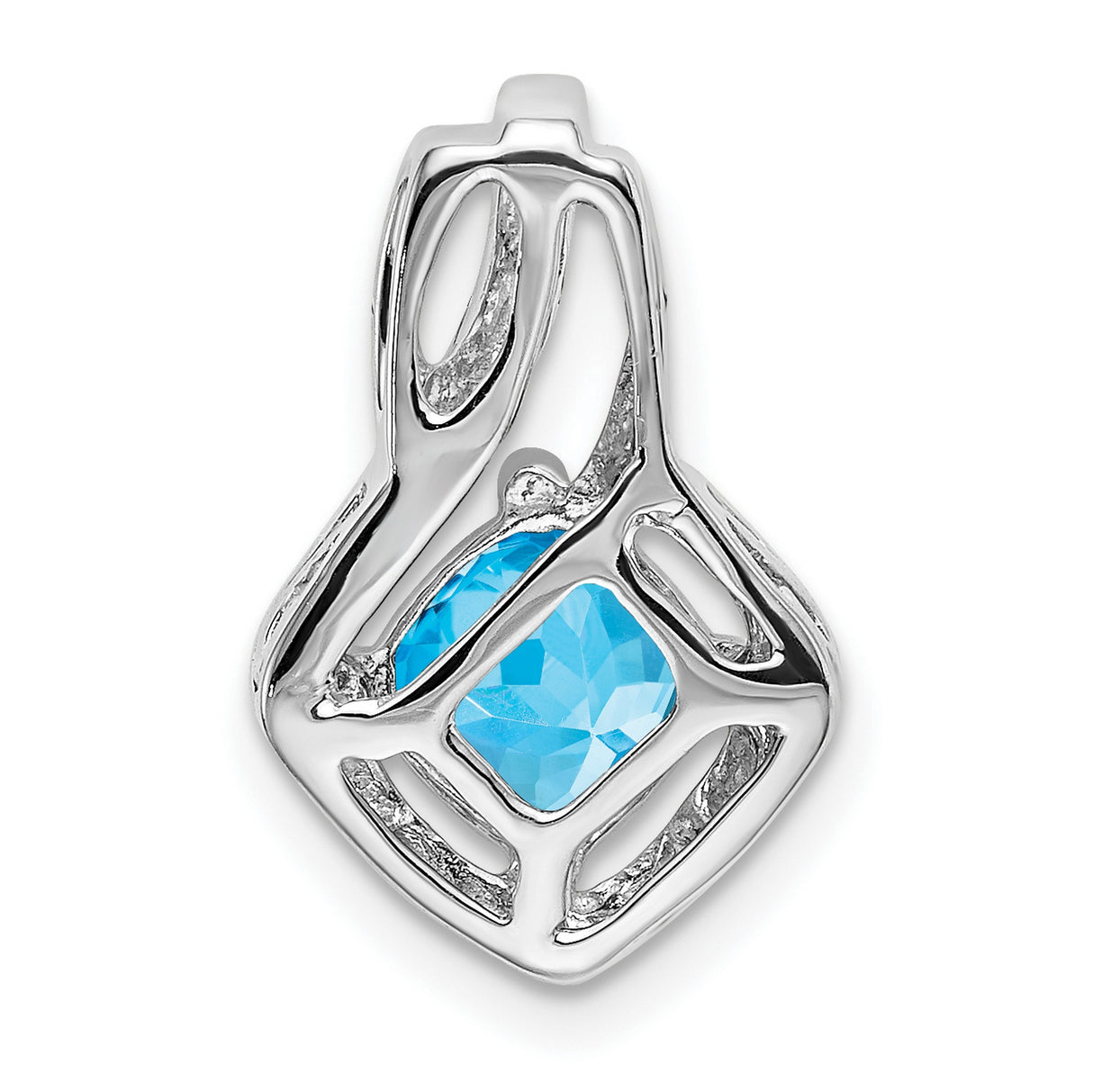 14k White Gold Pendant with Cushion Cut Swiss Blue Topaz and Diamond Accents Twisting Design