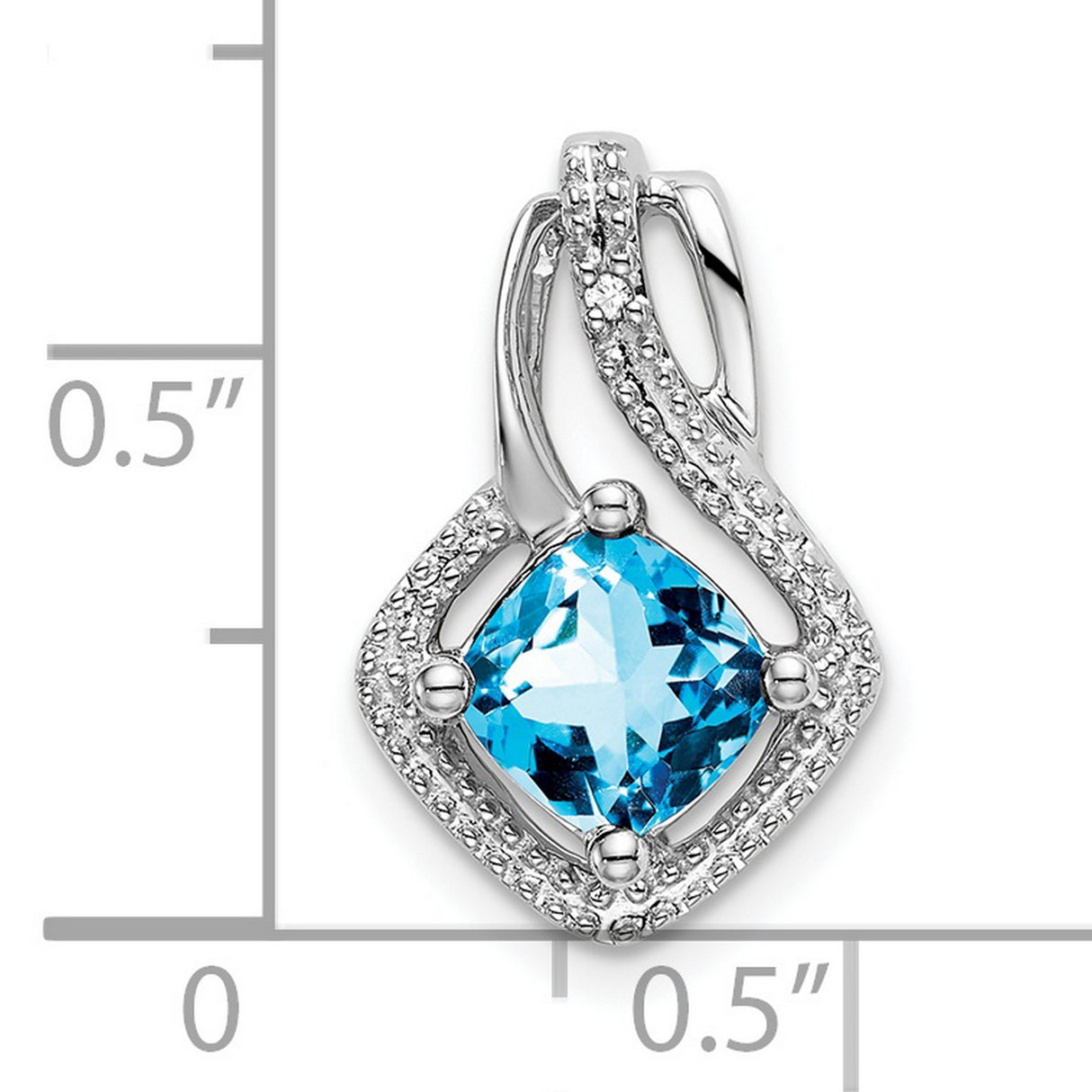 14k White Gold Pendant with Cushion Cut Swiss Blue Topaz and Diamond Accents Twisting Design