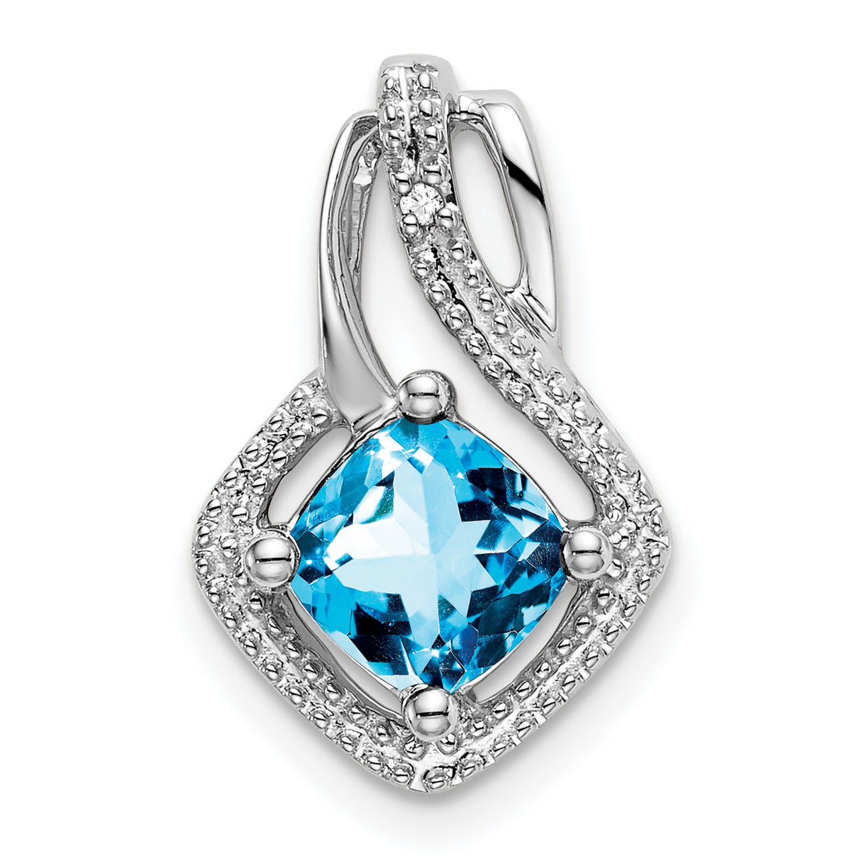 14k White Gold Pendant with Cushion Cut Swiss Blue Topaz and Diamond Accents Twisting Design