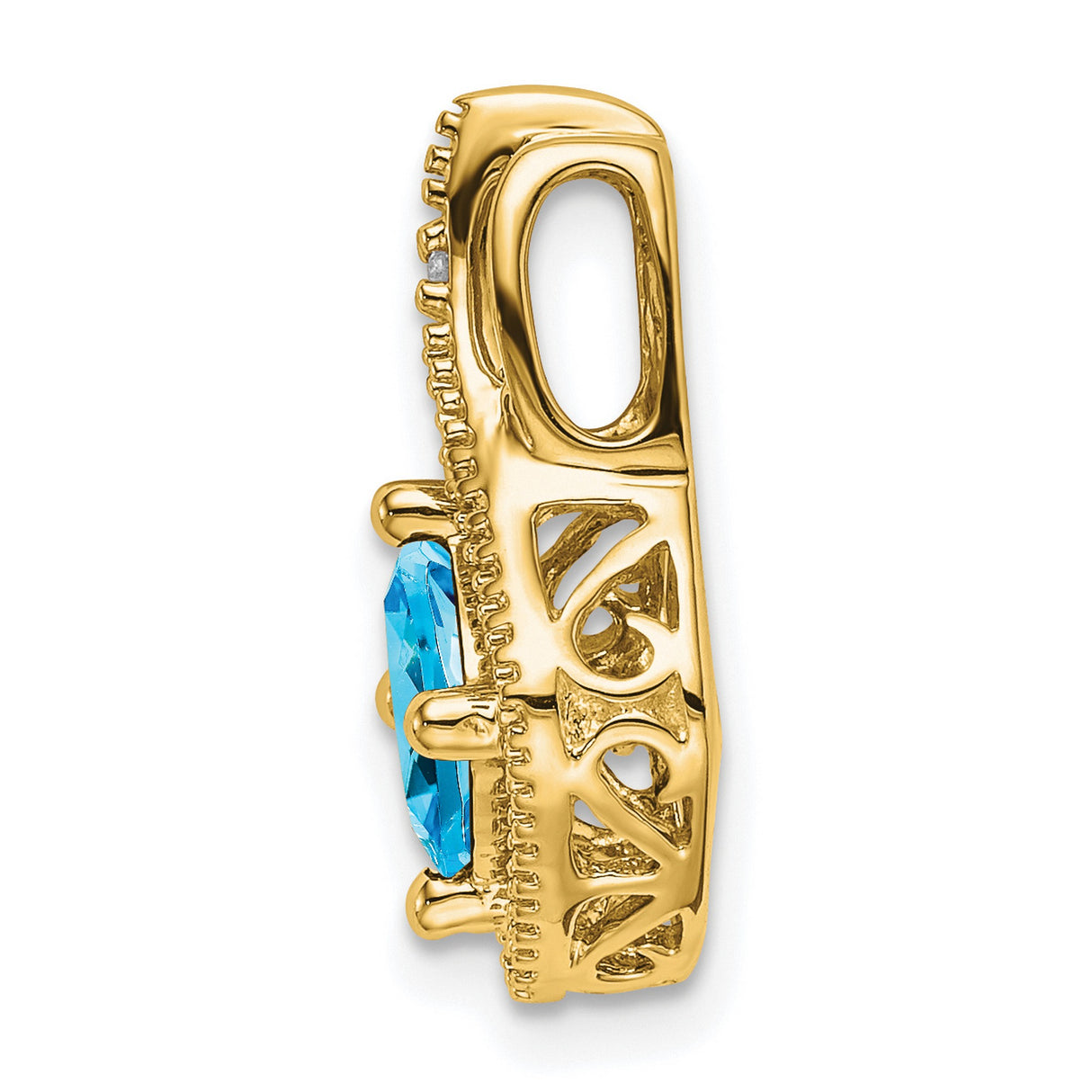 14k Yellow Gold Pendant with Cushion Cut Swiss Blue Topaz, Open Frame Design, Diamond Accent