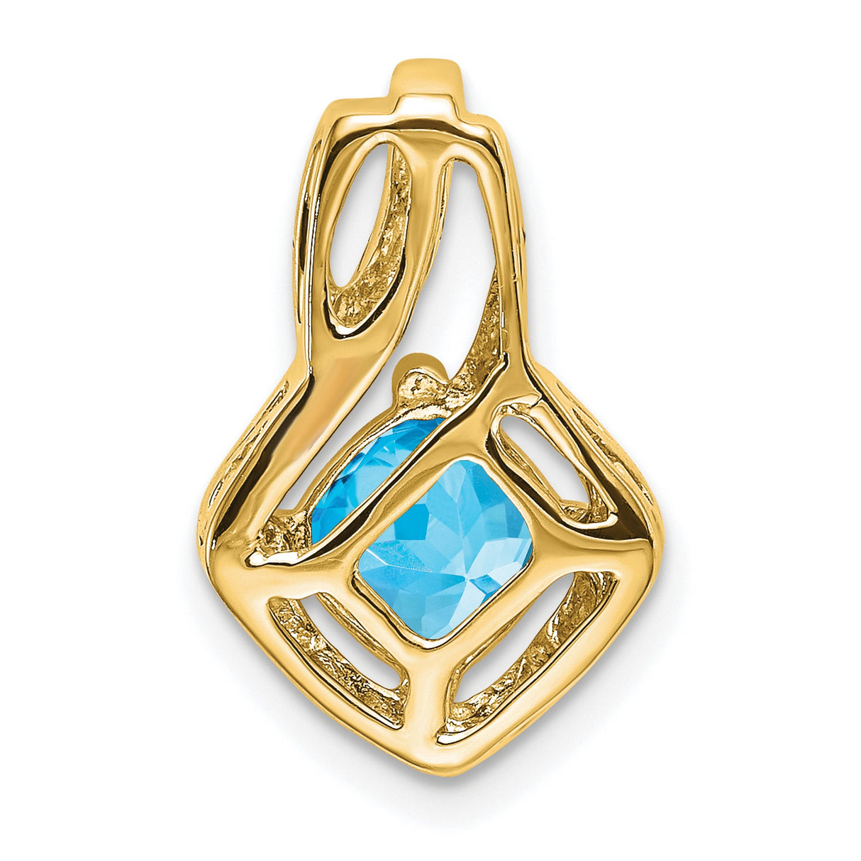 14k Yellow Gold Pendant with Cushion Cut Swiss Blue Topaz, Open Frame Design, Diamond Accent