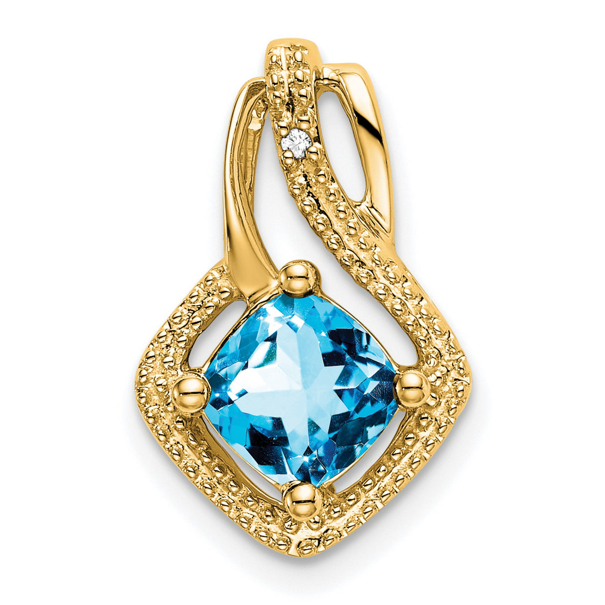 14k Yellow Gold Pendant with Cushion Cut Swiss Blue Topaz, Open Frame Design, Diamond Accent