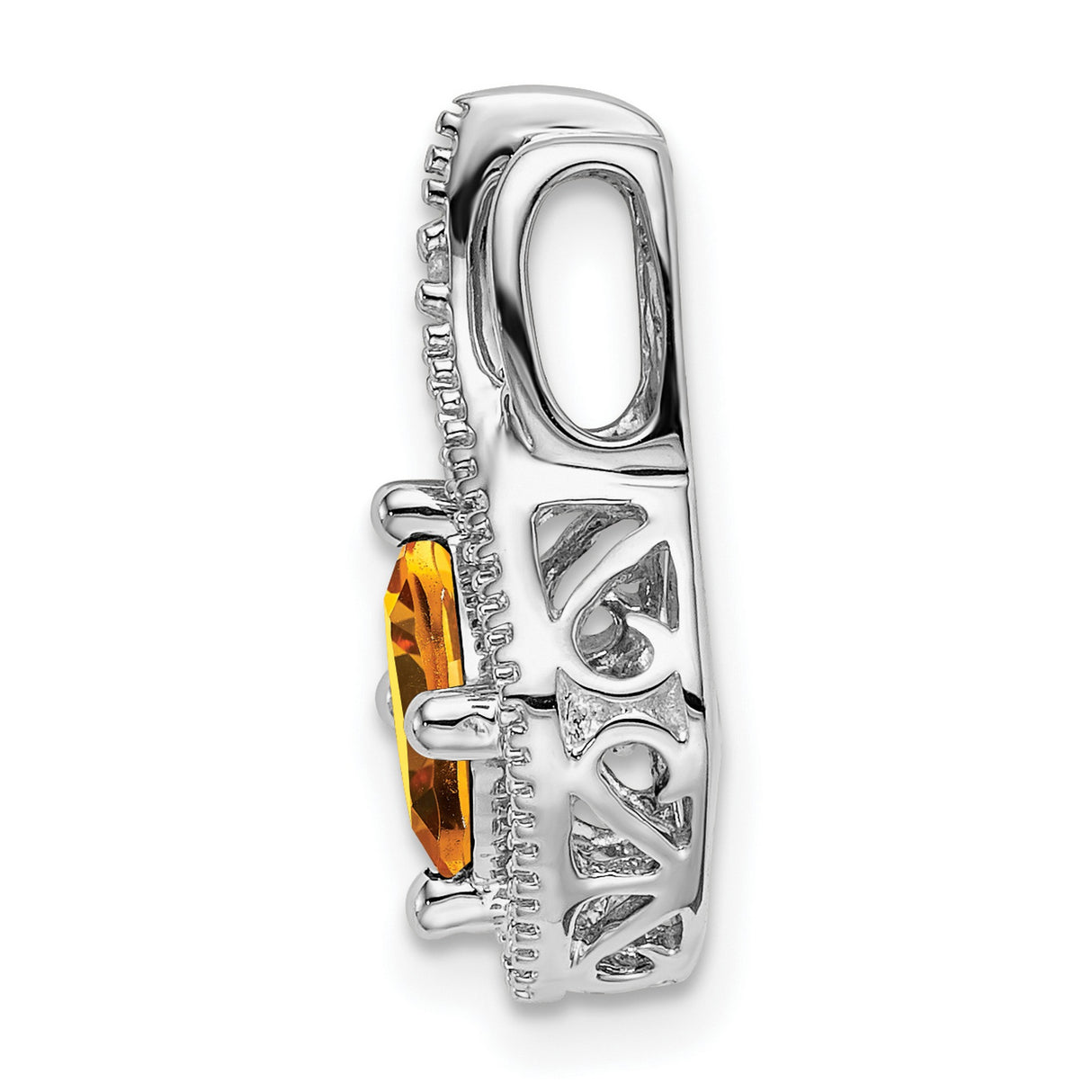 14k White Gold Pendant with Cushion Cut Citrine and Diamond Accents, Swirling Openwork Design