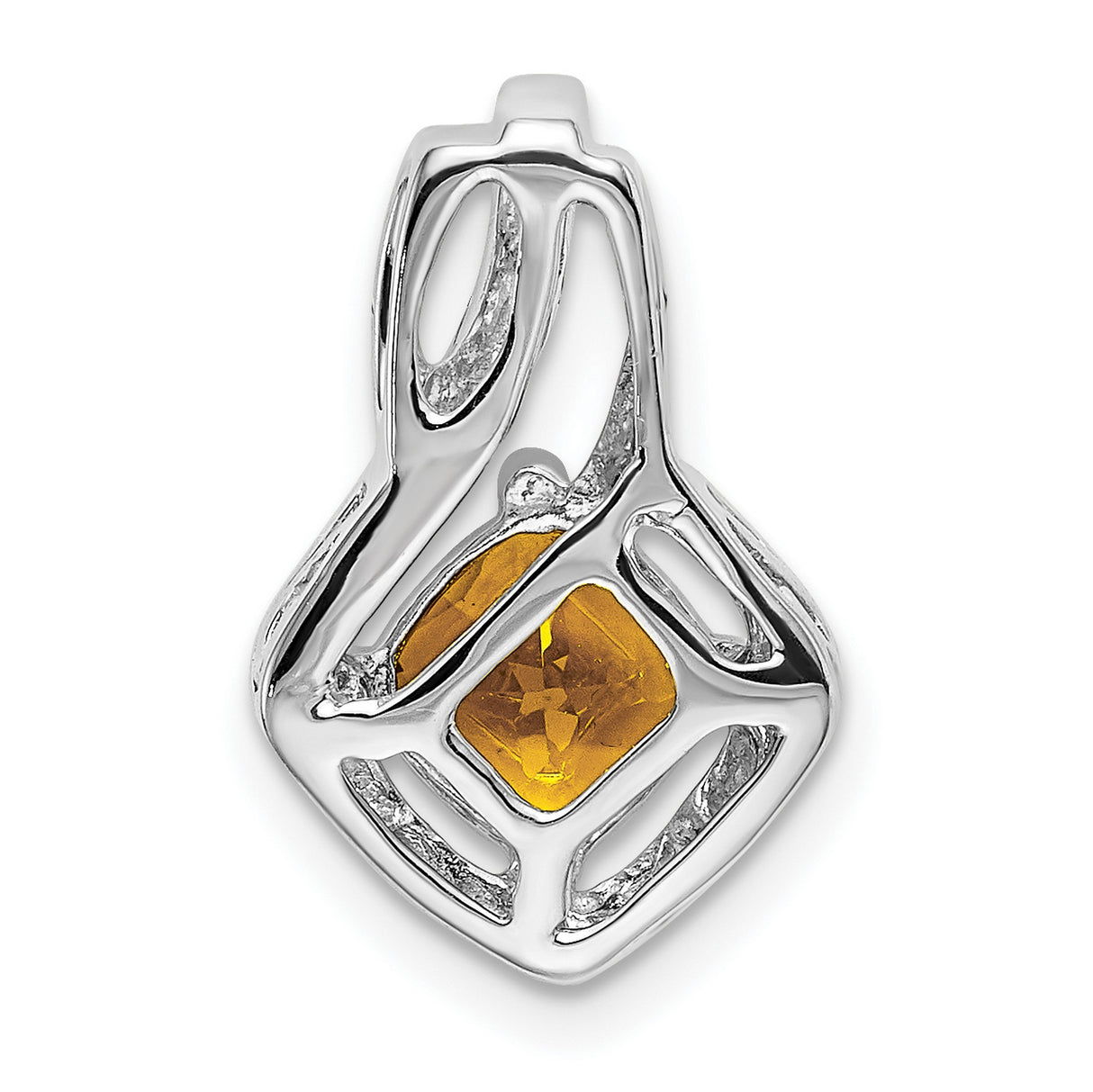 14k White Gold Pendant with Cushion Cut Citrine and Diamond Accents, Swirling Openwork Design